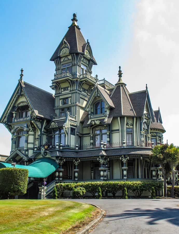 Carson Mansion in Eureka, California, with its turret, wraparound porch, spindlework ringed